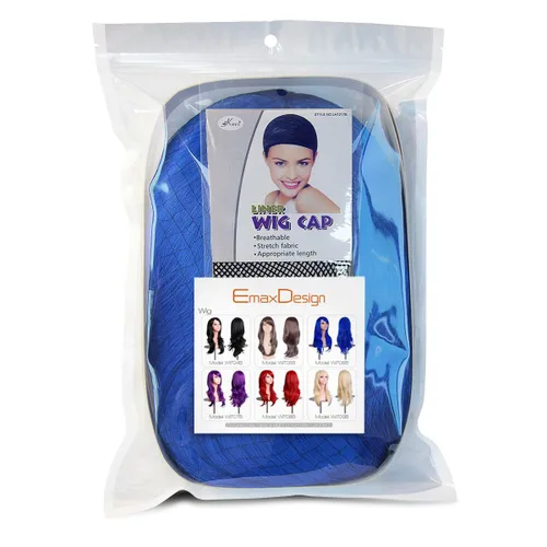 Vista 4 de EmaxDesign Pelucas de 28 pulgadas ondulado rizado Cosplay peluca con gorra de peluca y peine (azul oscuro)