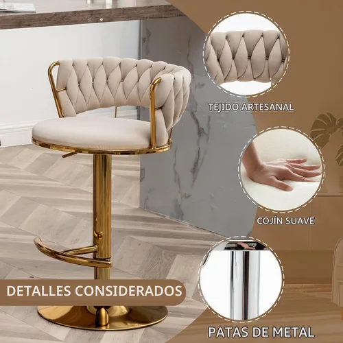 Vista 3 de Taburetes de bar dorados juego de 2, taburetes de bar de terciopelo giratorios con respaldo tejido, taburetes ajustables para isla de cocina, Beige