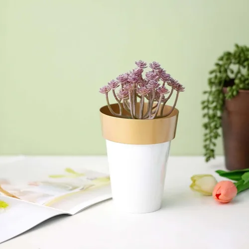 Vista 9 de Efavormart - Paquete de 2 macetas decorativas para interiores y jardines con borde blanco y dorado de 6 pulgadas
