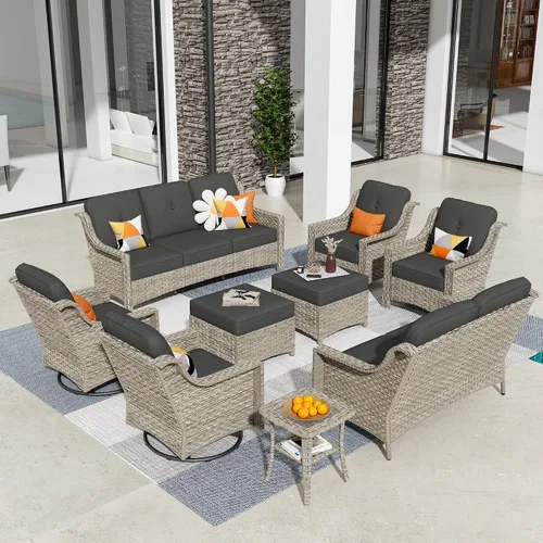Vista 21 de HOOOWOOO Sofá de patio de 3 plazas de mimbre para exteriores, resistente a todo tipo de clima, con respaldo alto, muebles a juego (beige y bronceado)