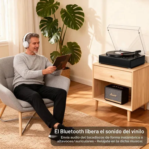 Vista 6 de Reproductor de discos de vinilo con altavoces estéreo, tocadiscos de tamaño completo para discos de vinilo, entrada y salida Bluetooth, reproductor