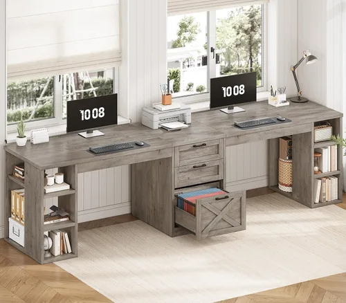 Vista 13 de SEDETA Farmhouse 96.5" 2 Person Computer Desk with Storage Drawers White and Brown