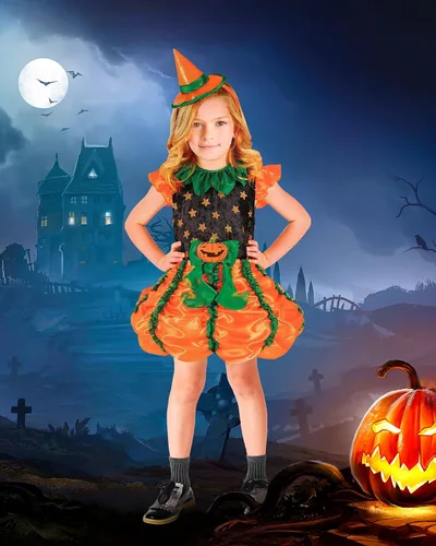 Vista 7 de Usview Disfraz de bruja de calabaza de Halloween para niña, vestido naranja verde y negro con mini sombrero, lindo juego de falda de calabaza