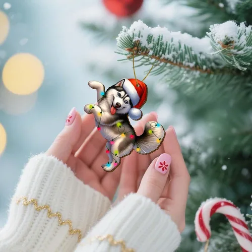 Vista 3 de Adornos colgantes de Navidad de Husky impresos por dos lados, recuerdo para mujeres, hombres y amigos, decoraciones colgantes de árbol de Navidad