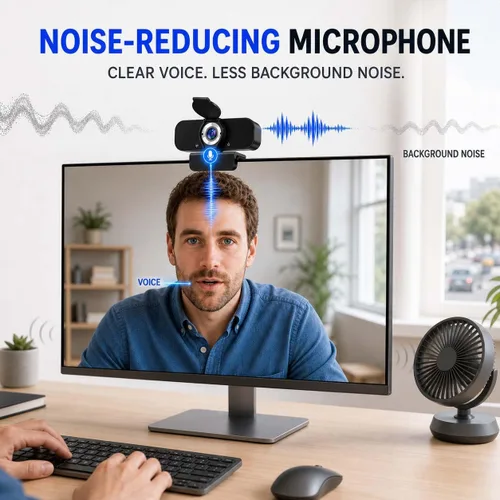 Vista 4 de Cámara Web 1080P para Computadora/Laptop/Escritorio/PC, Cámara Externa con Micrófono, USB Plug&Play, Corrección Automática de Baja Luz, Cubierta