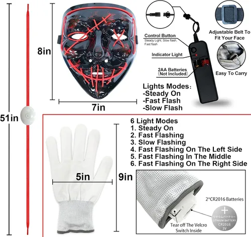 Vista 2 de Juego de 3 máscaras LED de Halloween con luces y cordones brillantes máscara de miedo disfraz de Halloween fiesta de cosplay para adultos y niños