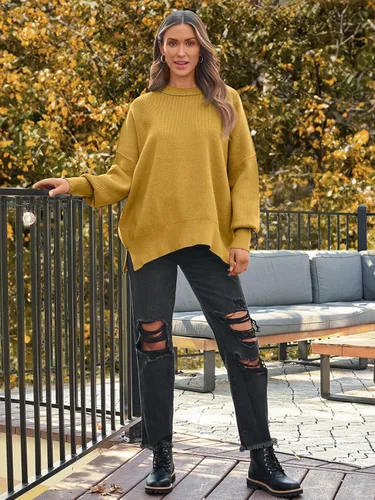 Vista 66 de Lillusory - Suéter extragrande con mangas de murciélago y cuello redondo para mujer, prenda moderna de otoño de tejido de punto sin botones