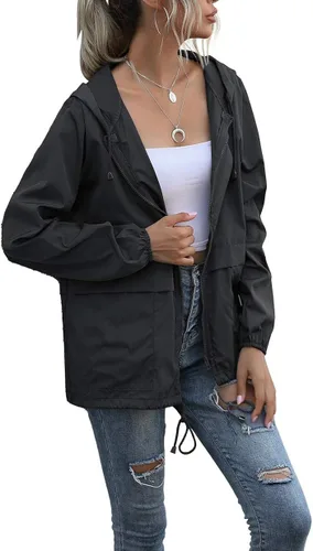 Vista 2 de Chaqueta impermeable cortavientos ligera para mujer con capucha con bolsillos para exterior