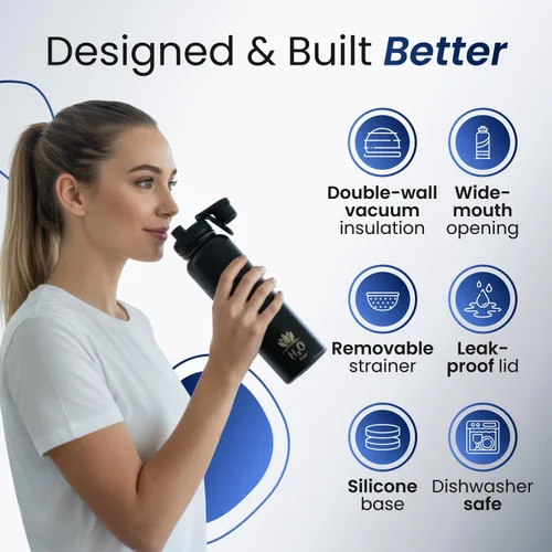 Vista 5 de Botella de agua prémium de 1 litro (33.8 onzas) con funda de transporte y correa, botella de agua de acero inoxidable aislada al vacío de doble Negro