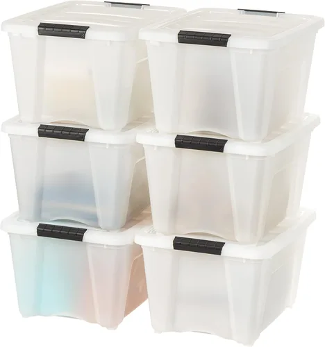 Vista 2 de IRIS USA, Inc. TB-28 - Caja apilable y de extracción de 32 cuartos de galón, contenedor de almacenamiento multiusos, paquete de 6, perla con TB-56D