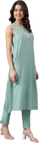 Vista 4 de Janasya Kurta de seda de color verde marino para mujer india con pantalón