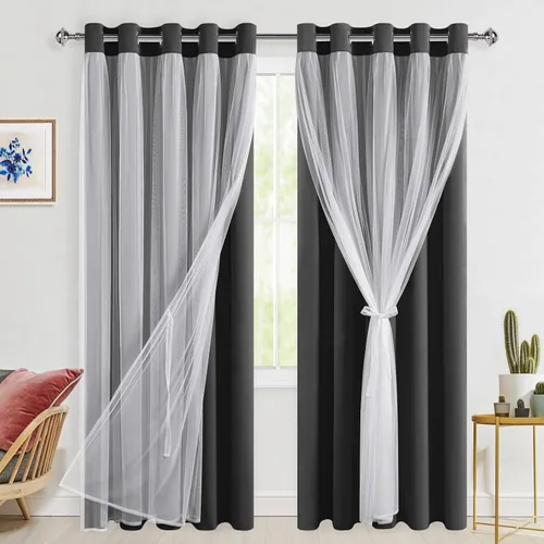 Vista 110 de Hiasan Cortinas opacas con superposición transparente, aislamiento térmico para mezclar y combinar de doble capa, cortinas de oscurecimiento de Beige