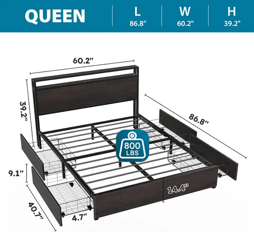 Vista 3 de Kiivakii Base de cama tamaño Queen con cabecero, plataforma LED con 4 cajones de almacenamiento, estación de carga integrada, sin ruido, base