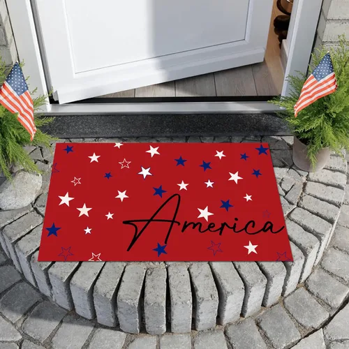 Vista 5 de Tapete patriótico para puerta del 4 de julio, Día de la Independencia, decorativo con estrellas de la libertad, tapete de bienvenida rojo, tapete