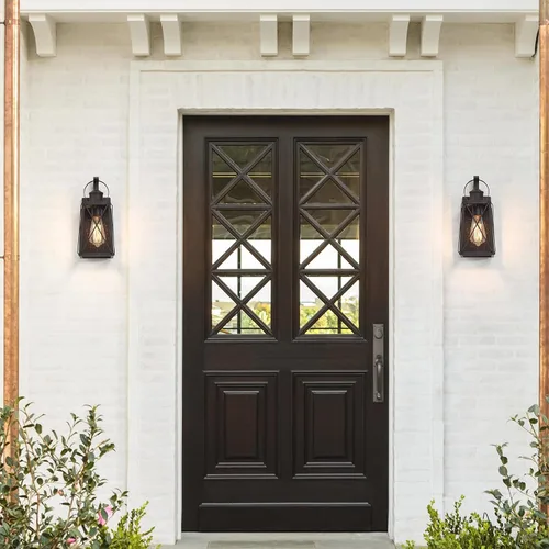 Vista 8 de Luces de pared para exteriores, apliques de pared exterior con vidrio semillado, faroles de bronce impermeables y antioxidantes para puerta