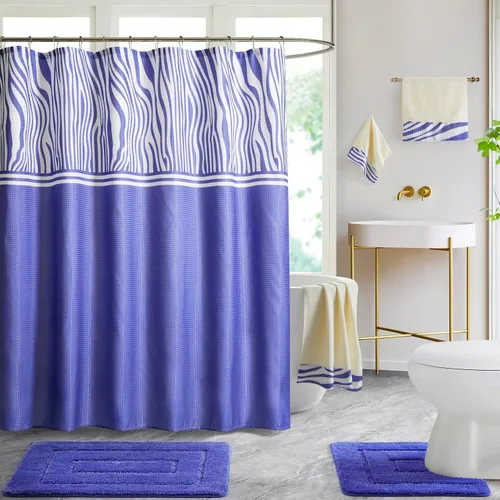 Vista 14 de WPM - Juego de alfombras de baño, toallas y cortina de ducha, juego de alfombras de baño con estampado de enrejado de color azul real