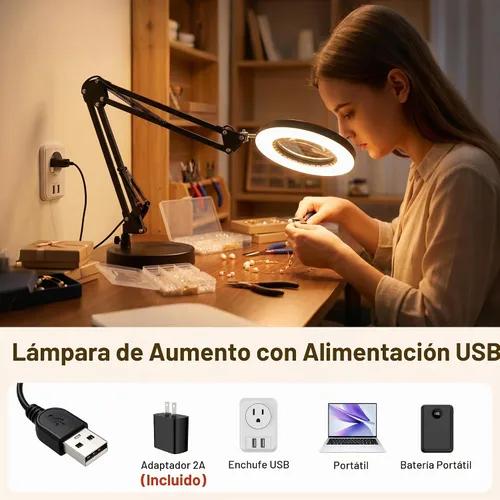 Vista 8 de Akynite Lupa 12X con luz y soporte, 5 colores 9 niveles regulables