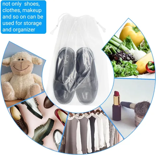 Vista 5 de Paquete de 100 bolsas transparentes para zapatos de 10 x 14 pulgadas para viajes, bolsas organizadoras de almacenamiento de zapatos con cuerdas