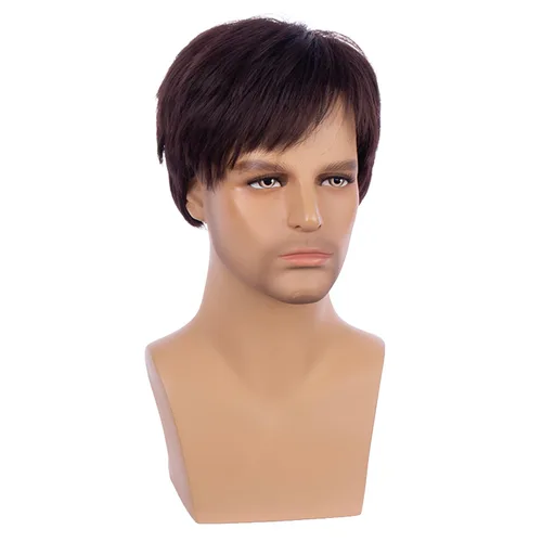 Vista 4 de Peluca marrón oscuro para niños, peluca recta corta con flequillo