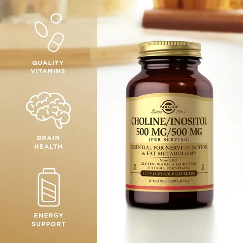 Vista 4 de Solgar Colina/Inositol 500 mg/500 mg, 100 cápsulas vegetales (paquete de 2) – Metabolismo energético, salud hepática, esencial para la función