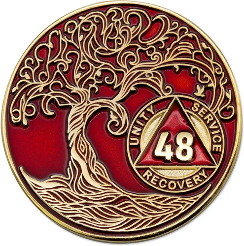 Vista 185 de 1 año Sobriety Mint Twisted Tree of Life Medallón de recuperación AA chapado en oro, chip/ficha - negro