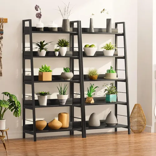 Vista 6 de Himimi Estantería de escalera negra, estantería industrial de 5 estantes, estantería industrial de madera y metal, estante de flores para plantas