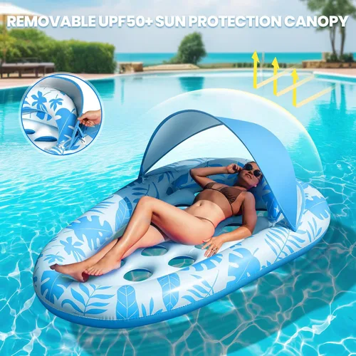 Vista 2 de Flotadores inflables para piscina para adultos, 3 en 1, flotadores de piscina con toldo y soporte para tazas, balsa de piscina XL, sillas