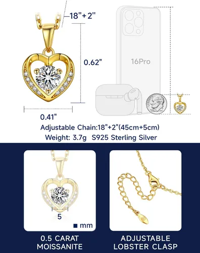 Vista 68 de MomentWish Collar de corazón para mujer, moissanita, diamante de imitación, plata de ley 925