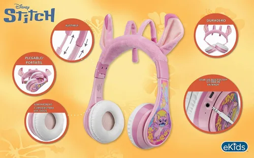 Vista 3 de Disney Stitch Angel - Auriculares Bluetooth para niños, auriculares inalámbricos