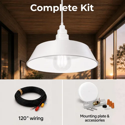 Vista 8 de Lámpara colgante blanca industrial de granero de 17 pulgadas, cable Blanco