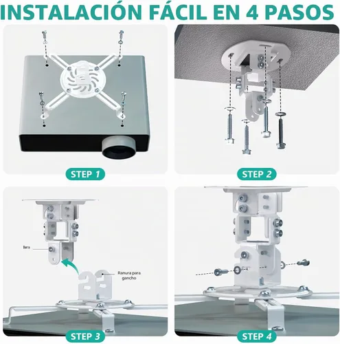 Vista 8 de WALI Soporte de techo para proyector, soporte universal para proyector de perfil bajo con brazos retráctiles y función de ajuste múltiple Blanco
