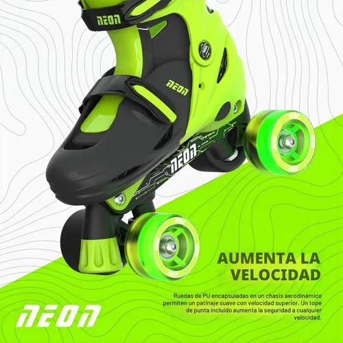 Vista 4 de Yvolution Patines combinados de neón, patines 2-1 cuádruple y en línea para niños con ruedas LED, tamaño ajustable (verde, 12-2)