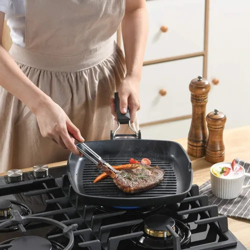 Vista 3 de S·KITCHN Sartén para parrilla con mango plegable, sartén antiadherente para estufas, sartén cuadrada compatible con inducción con boquillas