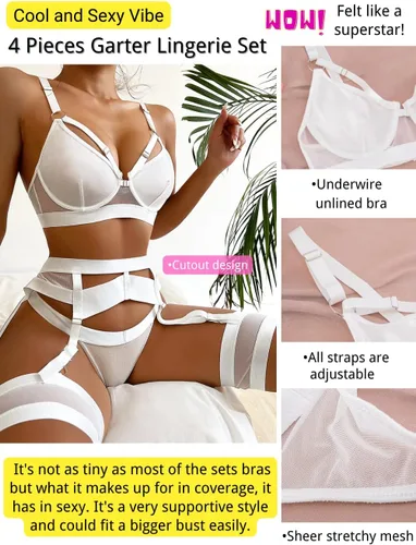Vista 157 de Kaei&Shi - Lencería con liguero para mujer, conjunto de encaje traslúcido y sexy de 4 piezas combinadas