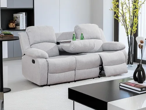 Vista 9 de Sofá reclinable manual moderno, sofá reclinable de cuero de 3 plazas, sofá reclinable de sala de estar, sofá con portavasos y mesa abatible
