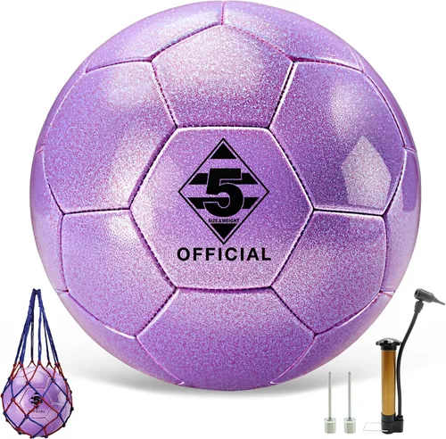 Vista 12 de Balón de fútbol rosa morado con purpurina, tamaño 3, 4, 5 con bomba y bolsa de aguja/malla, kit de pelota de fútbol de poliuretano Sofu