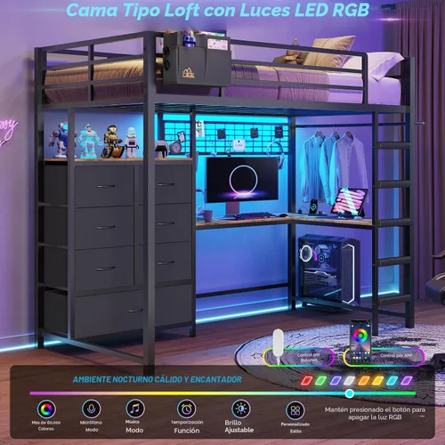 Vista 3 de DICTAC Cama alta individual con escritorio en forma de L y 7 cajones de almacenamiento, cama alta de metal tamaño individual para niños con luces