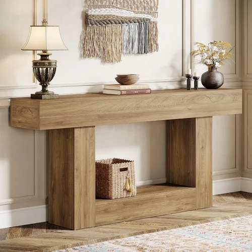 Vista 11 de Tribesigns Mesa consola de 63 pulgadas, mesa de entrada de 2 niveles con base en forma de U, mesa de sofá estrecha y larga de madera detrás del sofá
