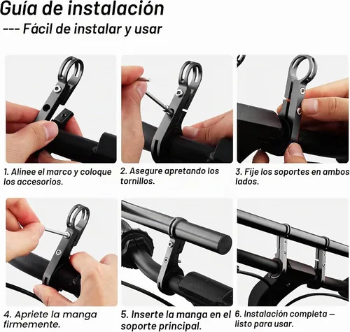 Vista 6 de Extensor de manillar de bicicleta con soporte para teléfono, barra de extensión de aluminio de 11.9", se ajusta a barras de 18–34mm, soporte