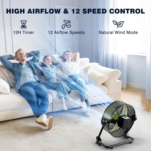 Vista 4 de Ventilador de piso recargable portátil de 10 pulgadas, ventilador silencioso de metal con pilas, tiempo de funcionamiento 24 horas, 12 velocidades