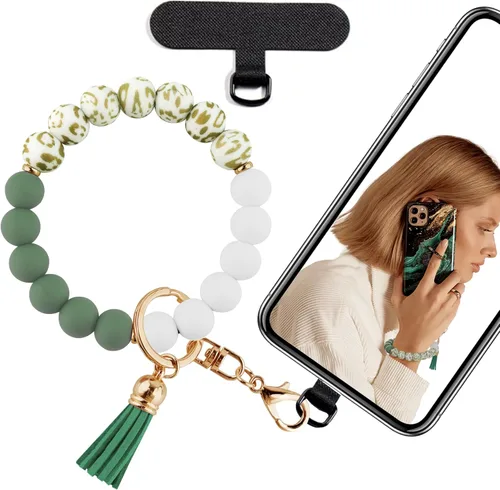 Vista 9 de Correa de silicona con cuentas para mujer, silicona sin BPA Elastic wristlet with tether tab, 12mm BPA-Free silicone beads with printed accents