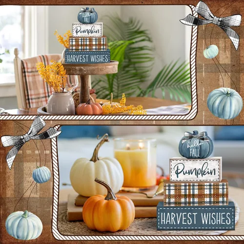 Vista 7 de 4 Piezas Calabazas Azules Decoración de Otoño Letrero de Bandeja Escalonada de Madera, Decoraciones Rústicas de Granja Calabaza de Otoño Juego