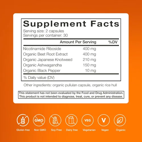 Vista 2 de Apoyo Clean NAD+ – 400 mg de ribósido de nicotinamida (NR) con resveratrol orgánico, ashwagandha y raíz de remolacha – Energía diaria