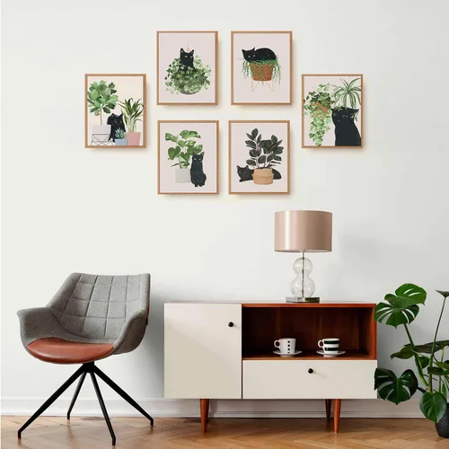 Vista 4 de 6 piezas de arte botánico de pared con diseño de gato negro, hojas verdes, plantas y plantas bohemias, arte de pared minimalista, impresiones