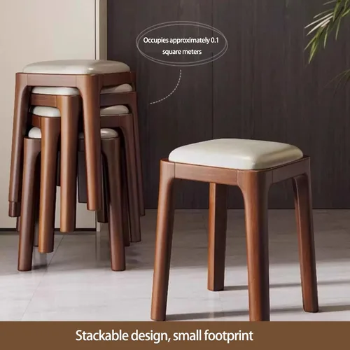 Vista 3 de Sillas de comedor de madera sin respaldo, sillas de cocina apilables, silla de comedor con cojín de piel sintética, silla cuadrada para sala