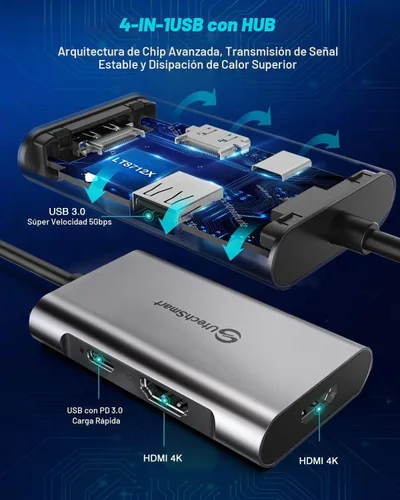 Vista 4 de Adaptador USB C a HDMI dual, concentrador USB C UtechSmart a HDMI 4 puertos