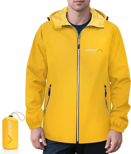 Vista 9 de APEXUP Chaqueta de lluvia empacable para hombre con cremallera reflectante, impermeable ligero, chaqueta de lluvia para hombre para deportes al aire