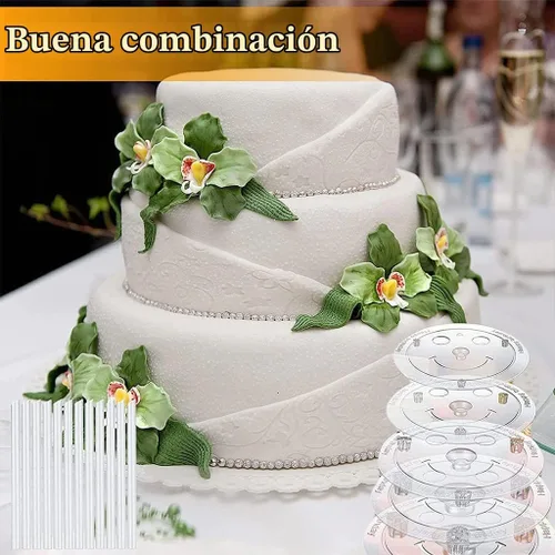 Vista 7 de Smiley - Juego de varillas de plástico para tartas, 12 varillas de plástico blanco para pasteles, 12 piezas apilables transparentes y 4 platos