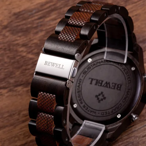 Vista 5 de BEWELL Relojes de madera para hombre cuarzo multifuncional cronógrafo fecha casual reloj de madera para hombre