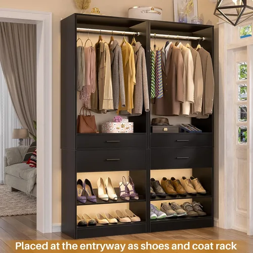 Vista 2 de Unikito Organizador de armario de 25 pulgadas de ancho x 80 pulgadas de alto, con barra para colgar y 2 cajones de madera, zapatero ajustable